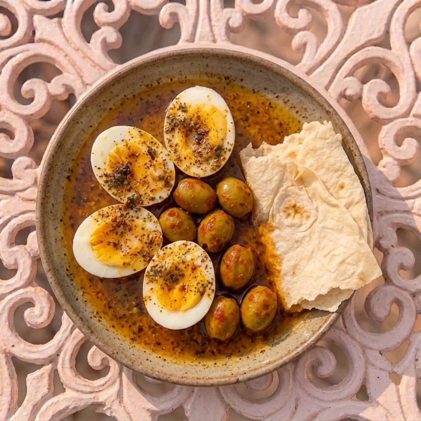 Yumurta Kapama (Eggs in Spiced Butter) & Salçalı Yeşil Zeytin